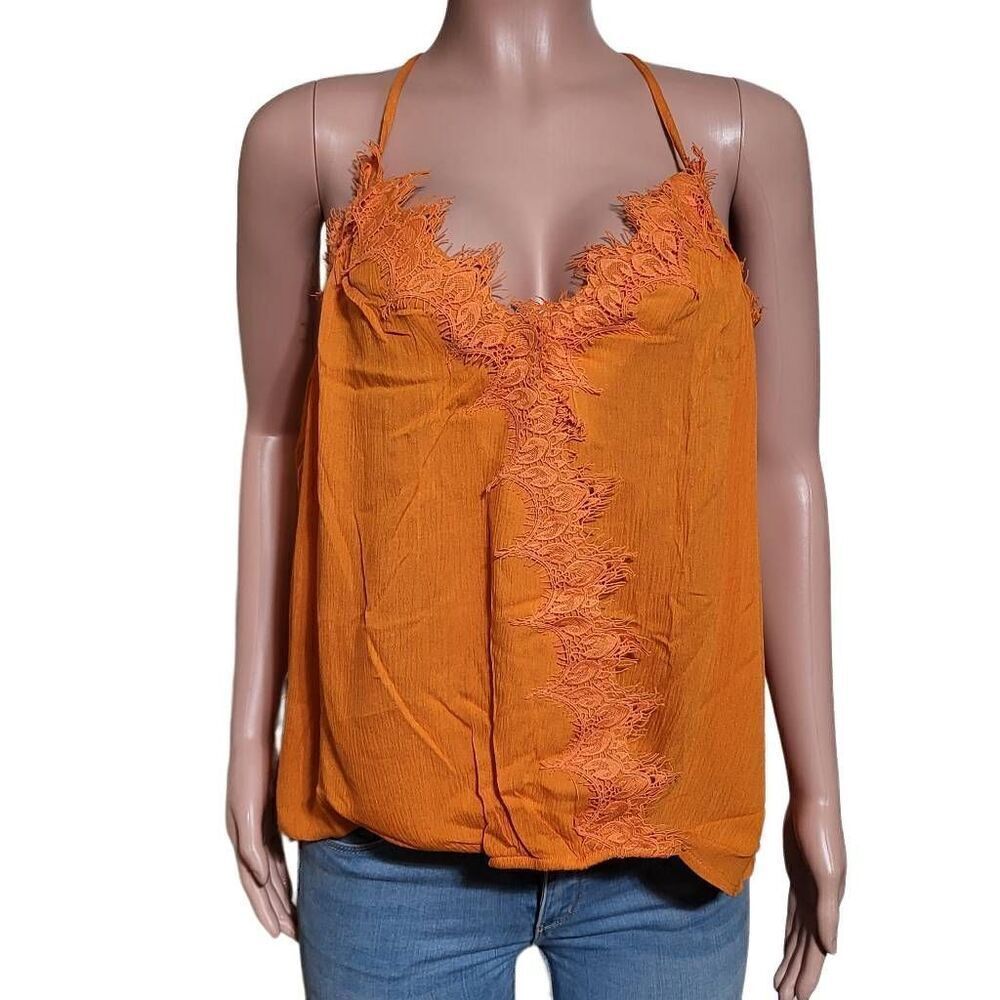 Glam sleeveless orange surplice lace detail tank top S,M,L